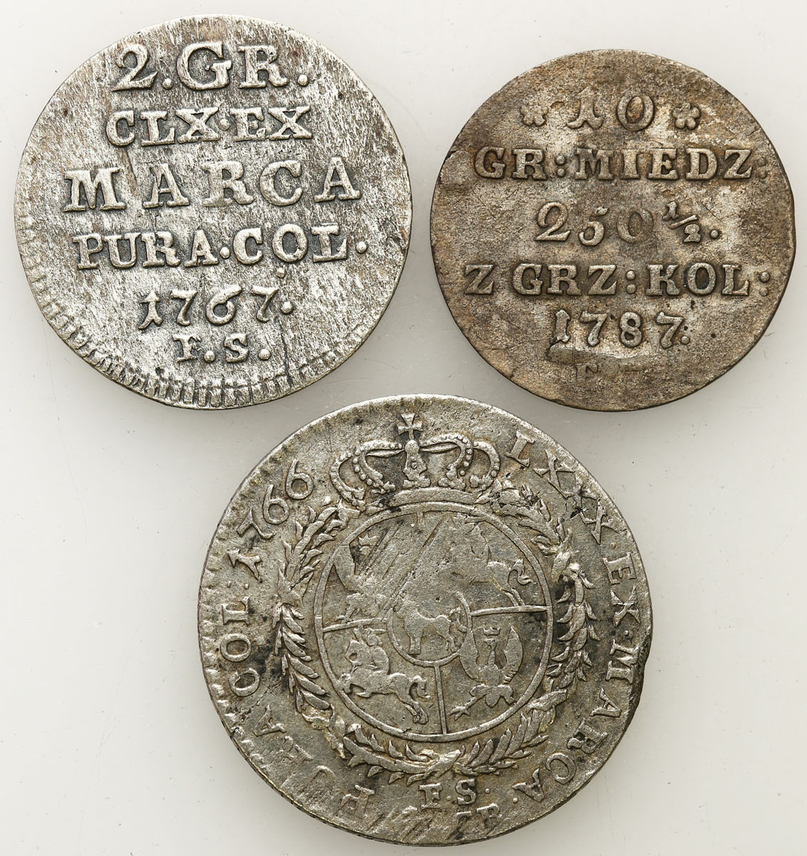 Stanisław August Poniatowski. Złotówka 1766, 10 groszy 1787, 2 grosze 1767, Warszawa, zestaw 3 monet